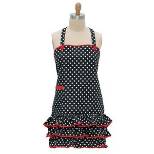 NWT F2722 women’s apron girlie frilly black white dots
